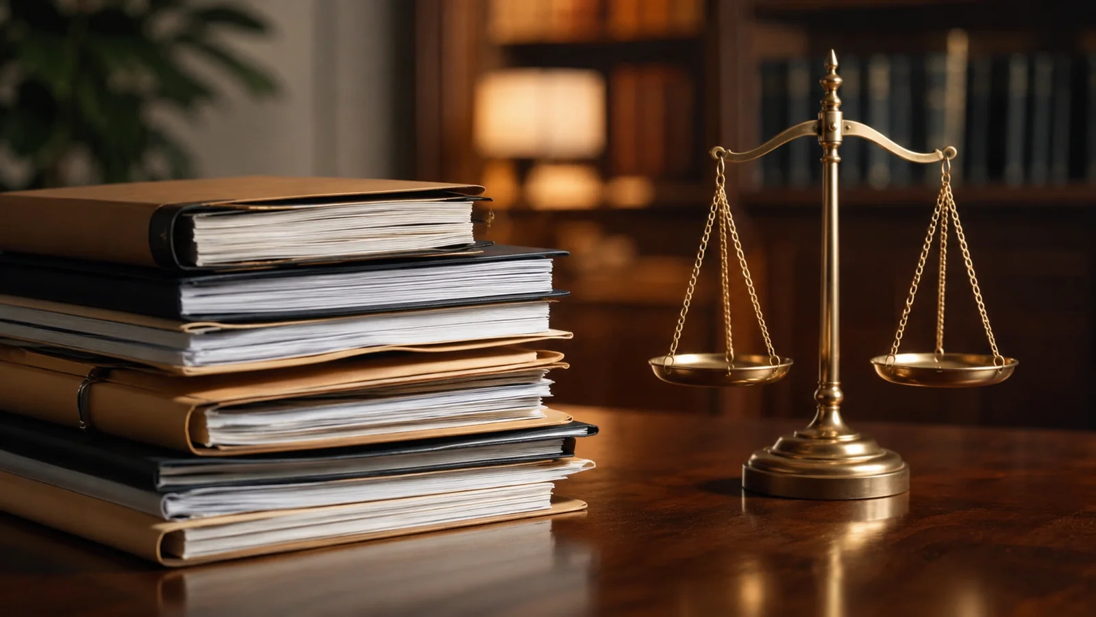 A stack of document folders next to a brass scale, representing compliance