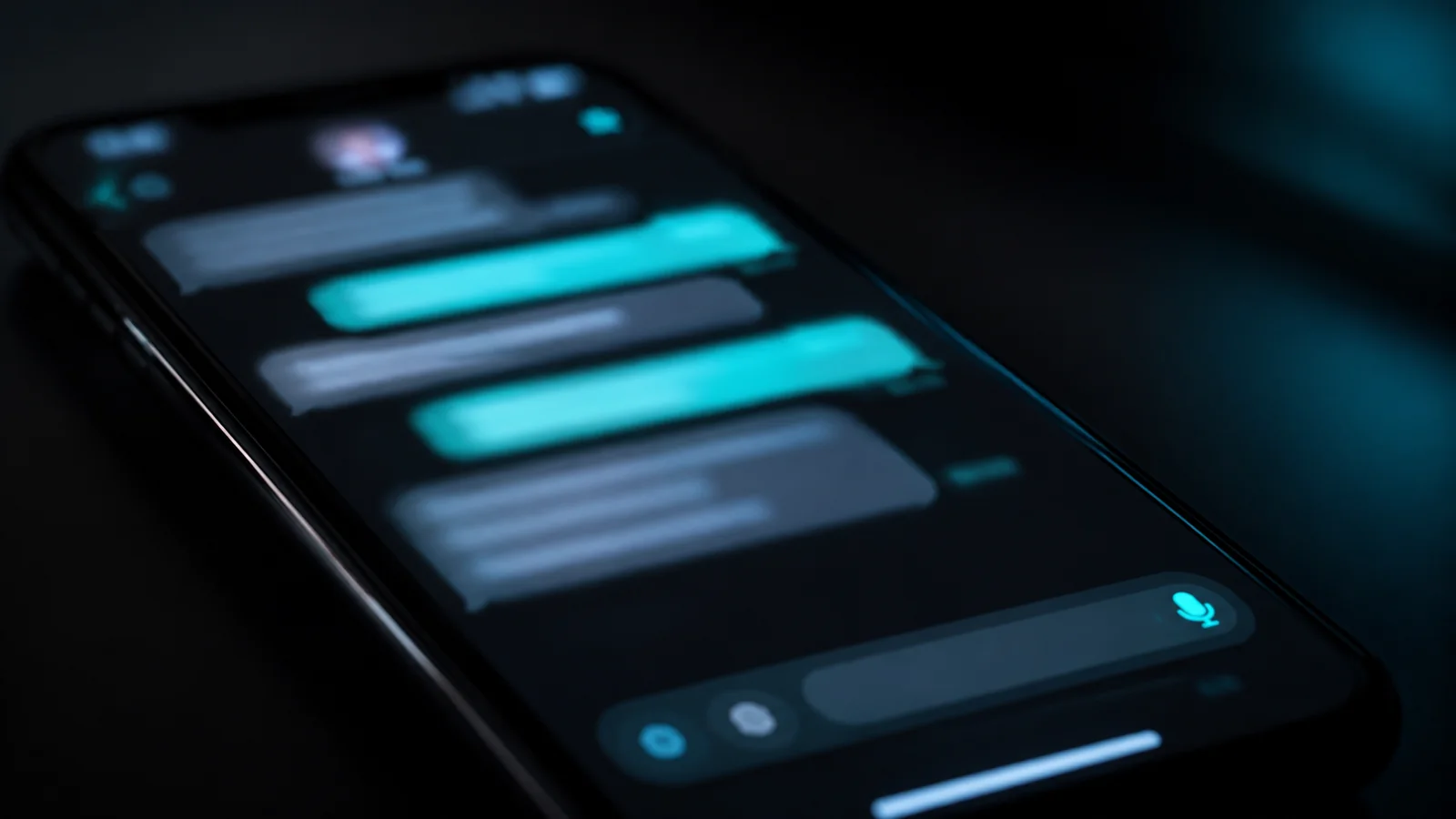 A smartphone screen showing a glowing AI chat conversation in a dark setting