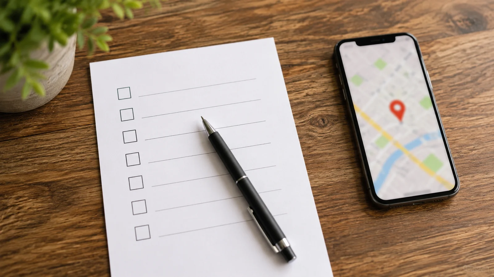 A printed checklist and a phone showing a map pin, laid out on a desk