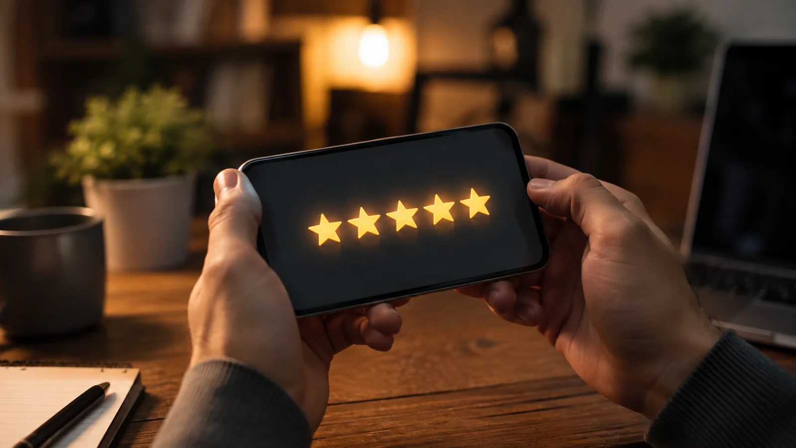 A five-star rating displayed on a smartphone screen held above a desk