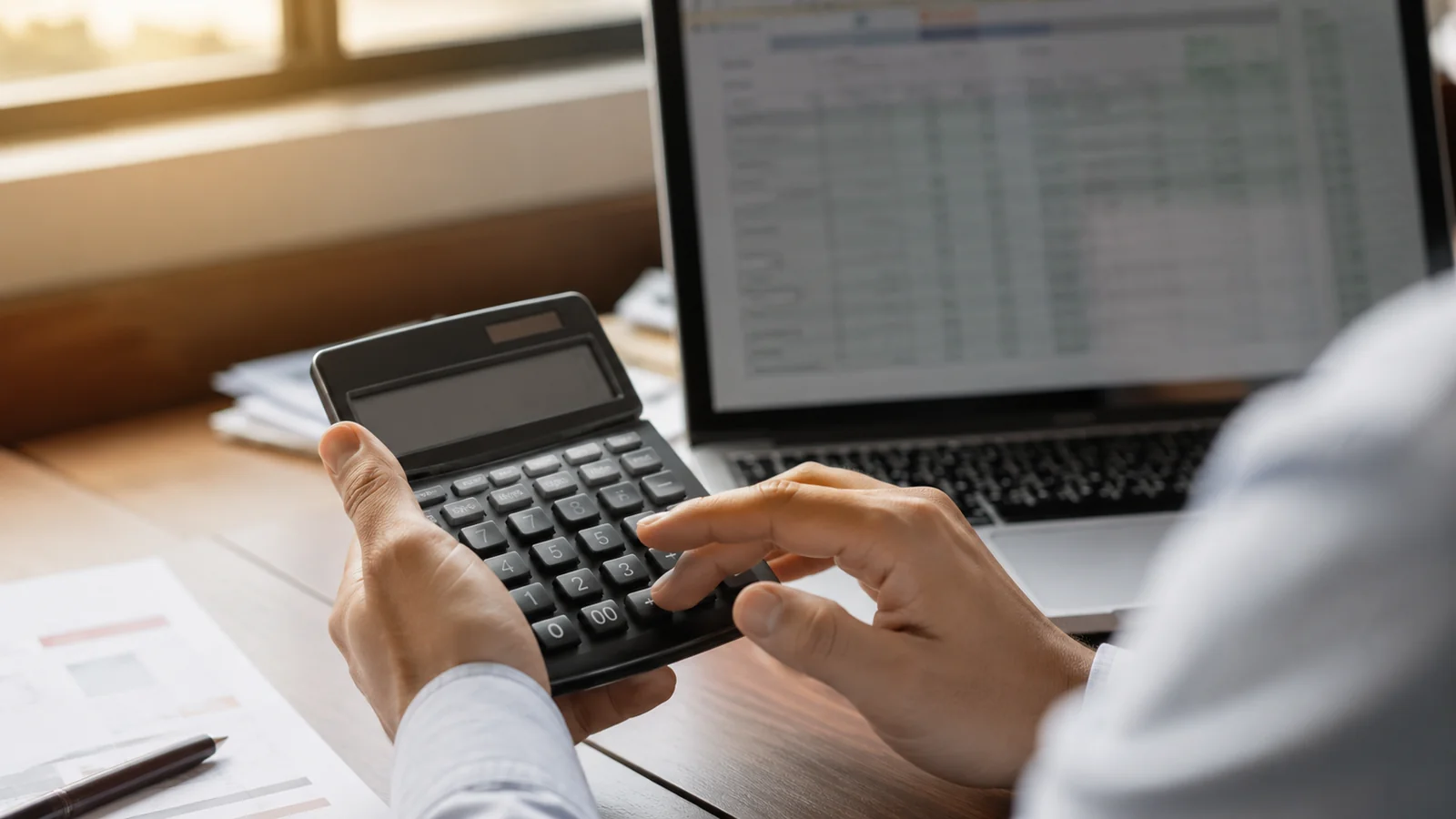Close-up of hands using a calculator beside a laptop showing a spreadsheet