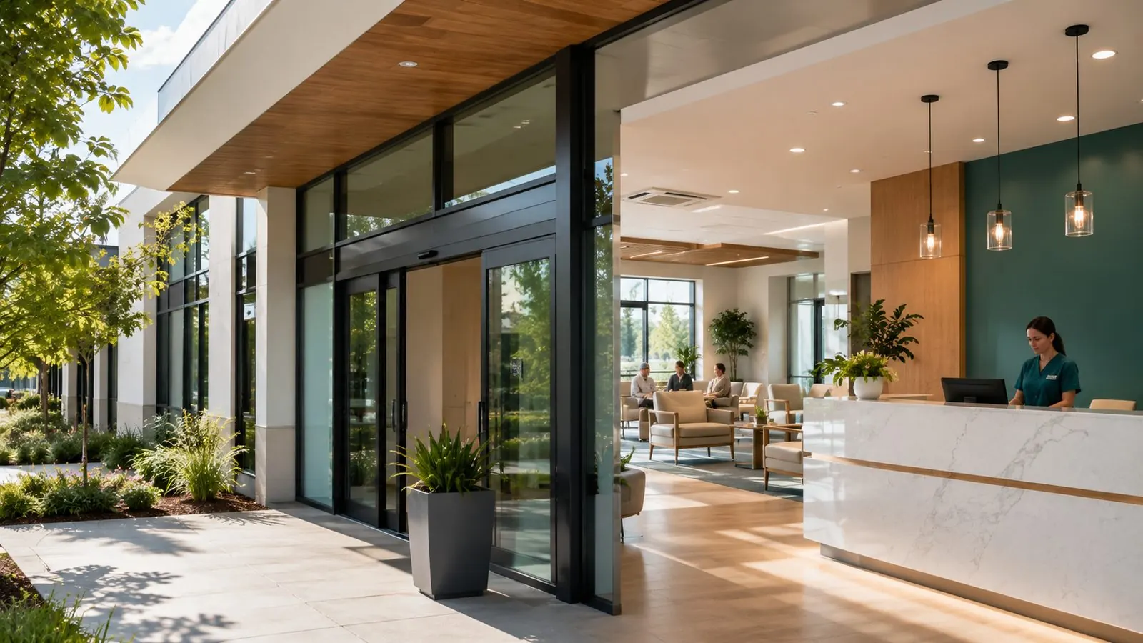 A modern medical clinic exterior and bright reception area