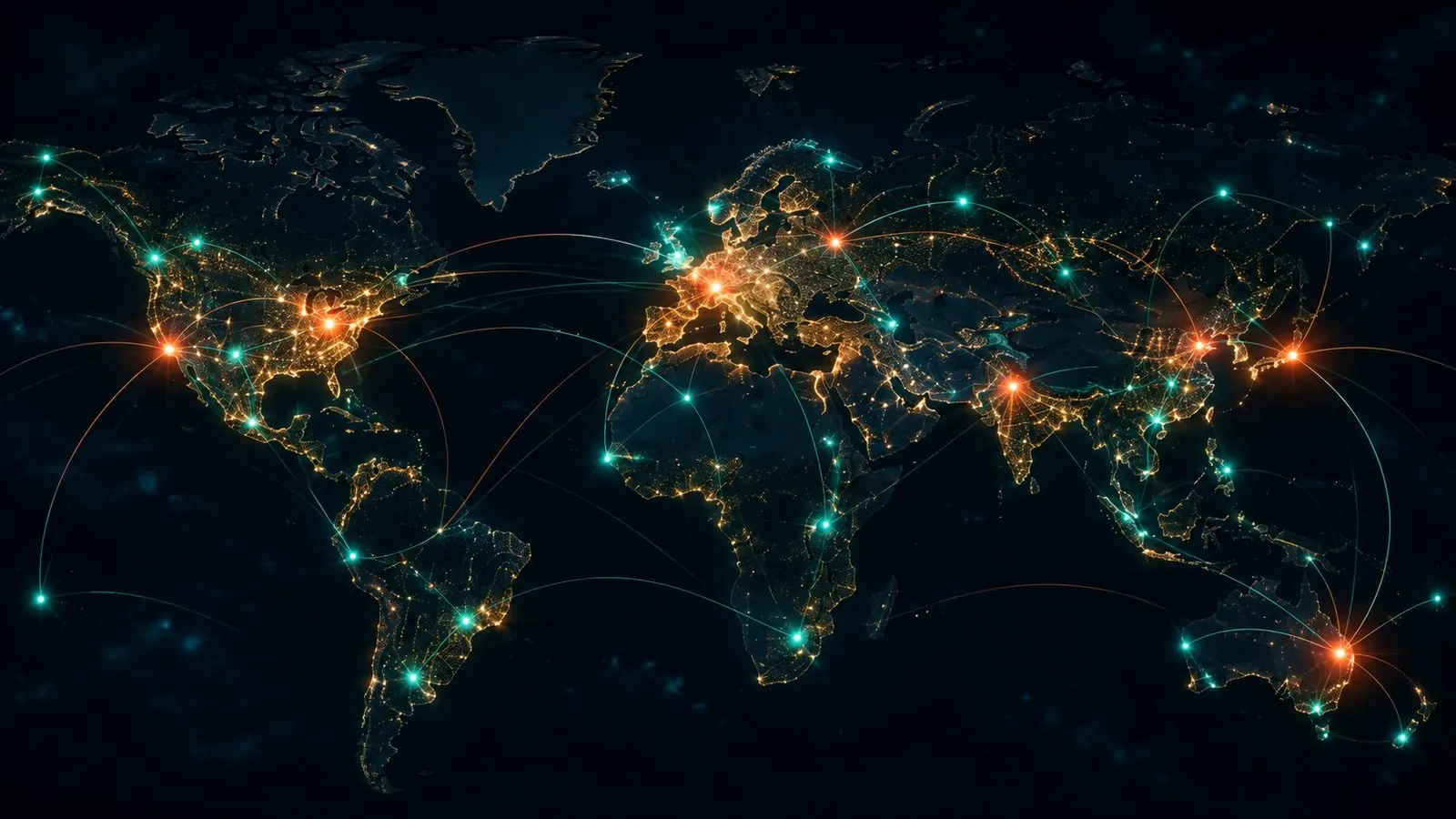 An illuminated world map showing connected practice locations across countries