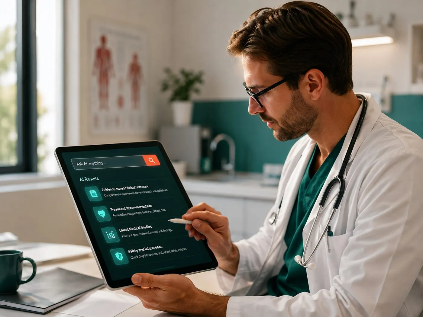 A doctor reviewing AI-generated clinical search results on a tablet
