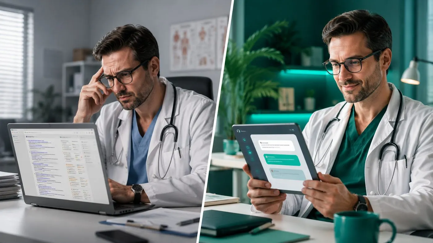 A doctor frustrated with traditional search results next to the same doctor confidently using an AI chat interface