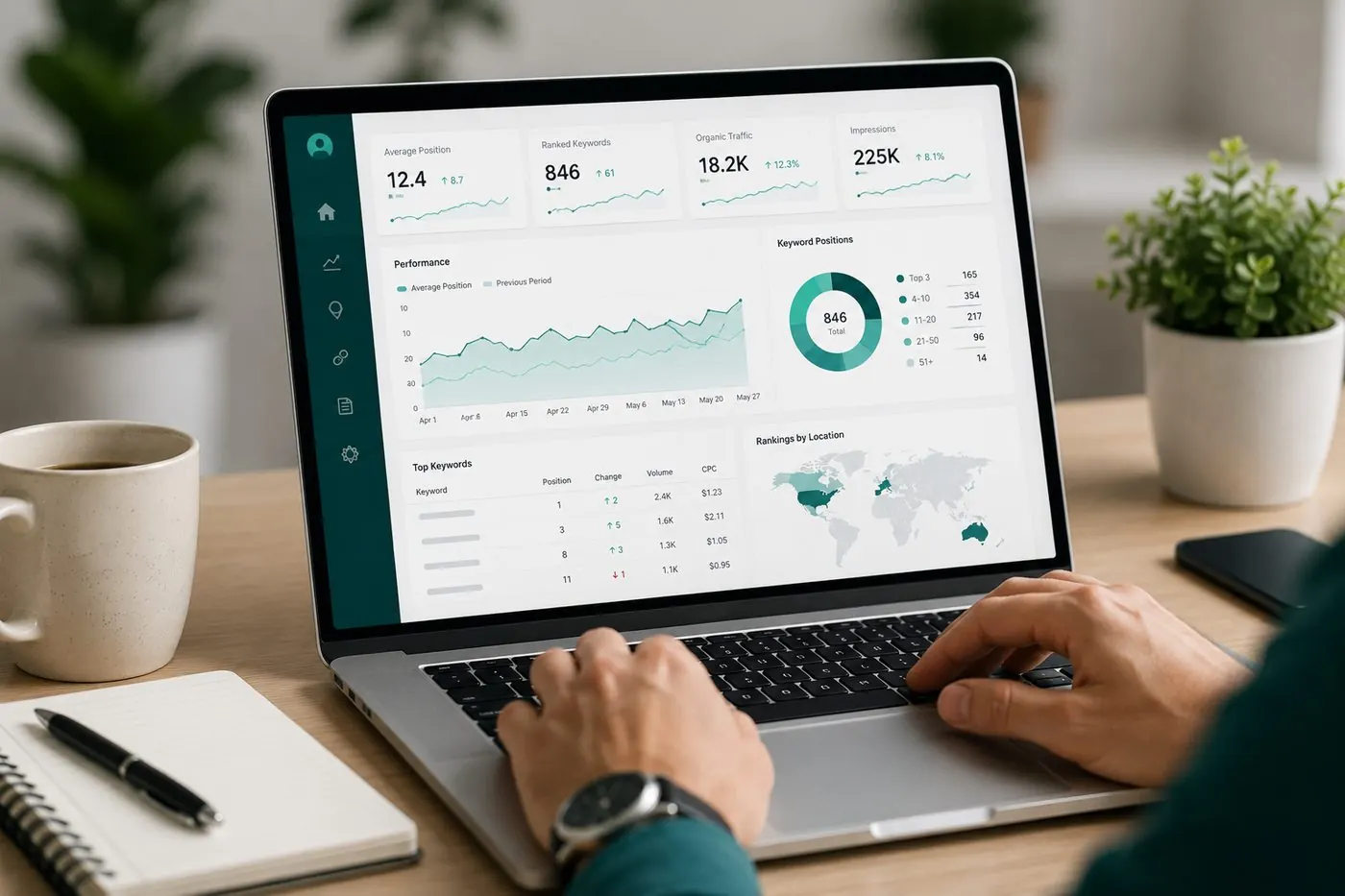 A marketer reviewing SEO ranking and traffic dashboards on a laptop