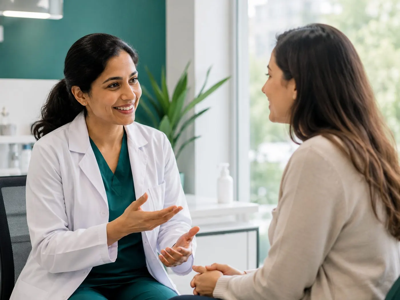 A doctor consulting warmly with a patient in a clinic room