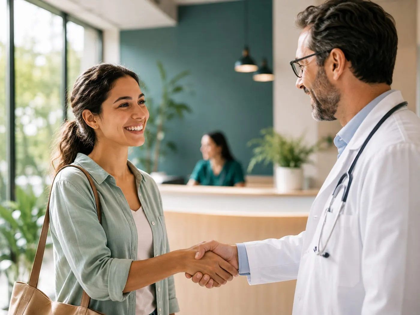 A patient and doctor greeting each other warmly at a clinic reception